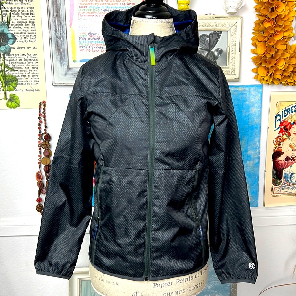 Champions windbreaker hooded black unisex activewear outdoors hike Sz. M zip up